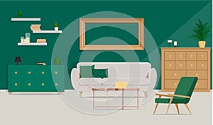 Luxurious interior design with beige sofa, metal coffee table on the background of the green wall. Vector flat illustration.