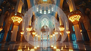 Luxurious interior with elegant chandeliers, suitable for upscale events