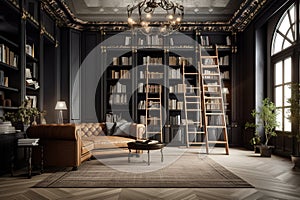 Luxurious interior of home library. Elegant furnished living room , luxury interior design - generative ai