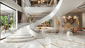 A luxurious interior with marble stairs, a curved balustrade, and elegant furnishings.