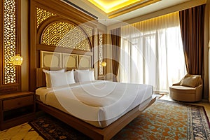 luxurious interior of a modern Arab hotel bedroom