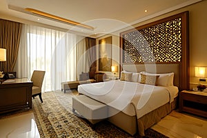 luxurious interior of a modern Arab hotel bedroom