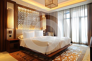 luxurious interior of a modern Arab hotel bedroom