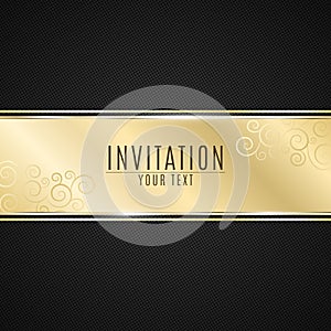 Luxurious invitation. Golden ribbon banner on a black background with a pattern of mesh. Realistic gold strip with an inscription.