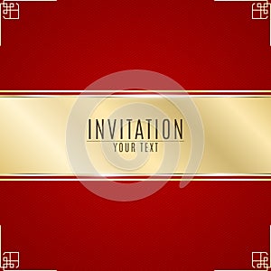 Luxurious invitation. Golden ribbon banner on a red background with a pattern of oblique lines. Golden frame. Realistic gold strip