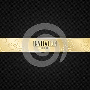 Luxurious invitation to the event. Golden ribbon banner on a black background with a pattern of mesh. Realistic gold strip with an