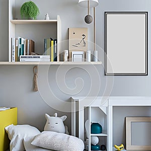 Luxurious Kids' Room with Shelf and Blank Canvas on a White Wall Bedroom Design Concept for Students and Interior Designers