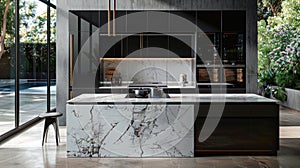 Luxurious kitchen interior with black cabinetry and marble island