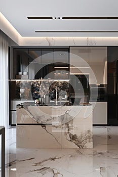 Luxurious kitchen interior with black cabinetry and marble island photo