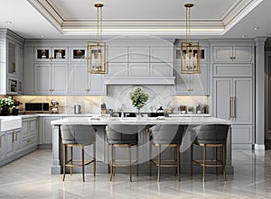 A luxurious kitchen with a large island, gold faucet and sputnik chandelier, stainless steel appliances, and white