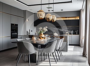 A luxurious kitchen with a large island, gold faucet and sputnik chandelier, stainless steel appliances, and white