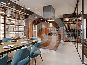 Luxurious kitchen modern style with wooden contemporary furniture and island with hood. Burgundy gray walls, black granite
