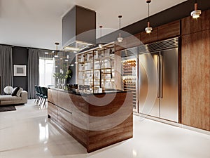 Luxurious kitchen modern style with wooden contemporary furniture and island with hood. Burgundy gray walls, black granite