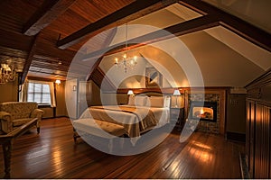 luxurious large attic room with king-size canopy bed, fireplace and private bathroom
