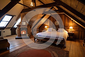 luxurious large attic room with king-size canopy bed, fireplace and private bathroom