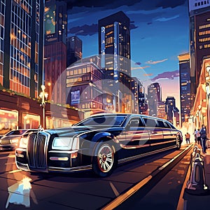 Luxurious Limousine Cruising Through Glamorous Cityscape at Twilight