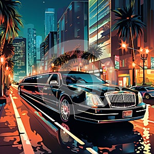 Luxurious Limousine Cruising Through Glamorous Cityscape at Twilight