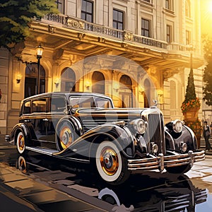 Luxurious Limousine Parked in Front of a Grand Hotel