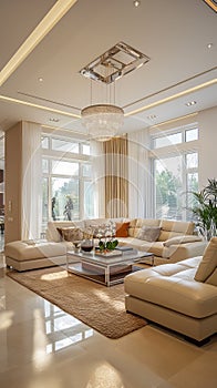 Luxurious living room adorned elegant furniture and illuminated natural light large windows