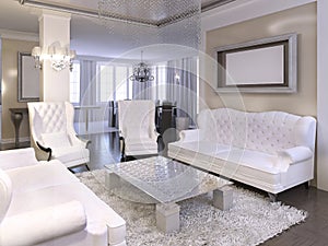 Luxurious living room design with white chairs and sofa.