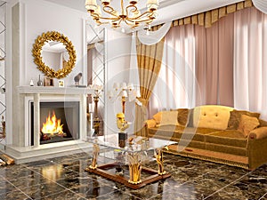 Luxurious living room with fireplace.