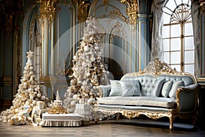 Luxurious living room interior with a sofa decorated with a chic Christmas tree in blue and gold color, gifts, Cozy winter scene
