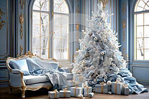 Luxurious living room interior with a sofa decorated with a chic Christmas tree, gifts, Cozy winter scene