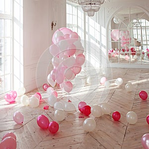 Luxurious living room with large window to the floor. Palace is filled with pink balloons