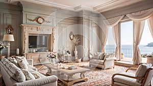 A luxurious living room with ornate architectural details offering ocean views. The space exudes classic opulence, antique accents