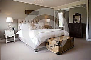 luxurious lofthouse with fluffy white bedding, plush carpet and vintage furniture