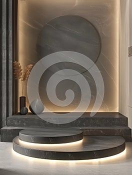 A luxurious marble staircase with integrated LED lighting features a serene ambiance and sophisticated design elements.