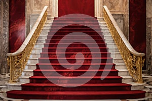 Luxurious Marble stairs red carpet indoor. Generate Ai