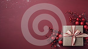 Luxurious Maroon Christmas Gift Box With Festive Berries On Red Background