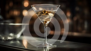 A luxurious martini glass with a single olive, pouring vermouth generated by AI