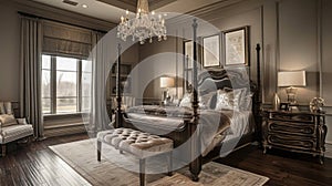 Luxurious master bedroom boasts a four-poster bed, velvet bedding, and classic chandelier lighting against dark wood