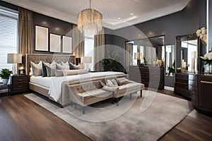 a luxurious master bedroom with a walk-in closet, an ensuite bathroom, and a sitting area