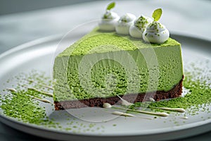 A luxurious matcha mousse cake on a plate