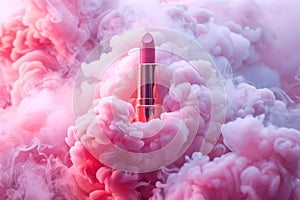 Luxurious matte lipstick enveloped in pink and white smoke.