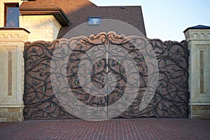 Luxurious metal wrought iron gates on a wooden base with decorative elements