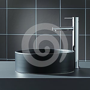 Luxurious minimalist bathroom retreat with black vessel sink and chrome faucet in elegant grey tiles