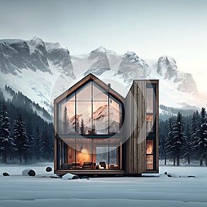 A luxurious minimalist home with large windows, wood, and a winter mountainous backdrop covered in snow