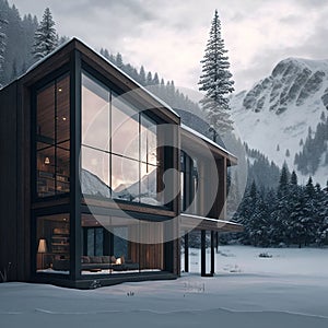 A luxurious minimalist home with large windows, wood, and a winter mountainous backdrop covered in snow