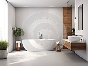 luxurious minimalist white and wood bathroom, with furnishing accessories, tub and shower created with artificial intelligence,