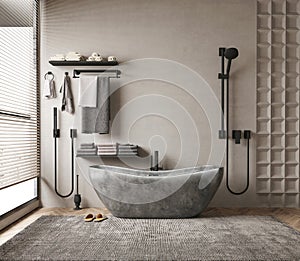 Luxurious modern bathroom interior design with bathtub, large window and old style concrete wal