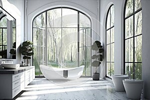 Luxurious modern bathtub in white interior. Generative AI