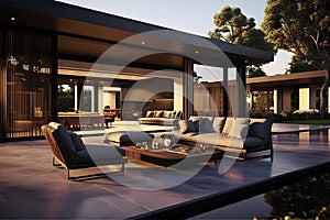 Luxurious Modern Dark Villa with Open Plan Living and Private Terrace for Relaxation. created with Generative AI