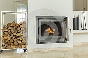 Luxurious modern design fireplace with glass door, white walls on yellow marble floor home interior