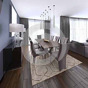 Luxurious modern dining room boasts a wood dining table illuminated by a pendant lights and surrounded by brown leather dining