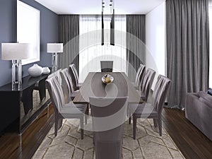Luxurious modern dining room boasts a wood dining table illuminated by a pendant lights and surrounded by brown leather dining