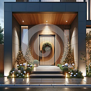 Luxurious Modern Home Front Entrance Door Decorations Christmas Holiday Celebrating Season Wreath AI Generated